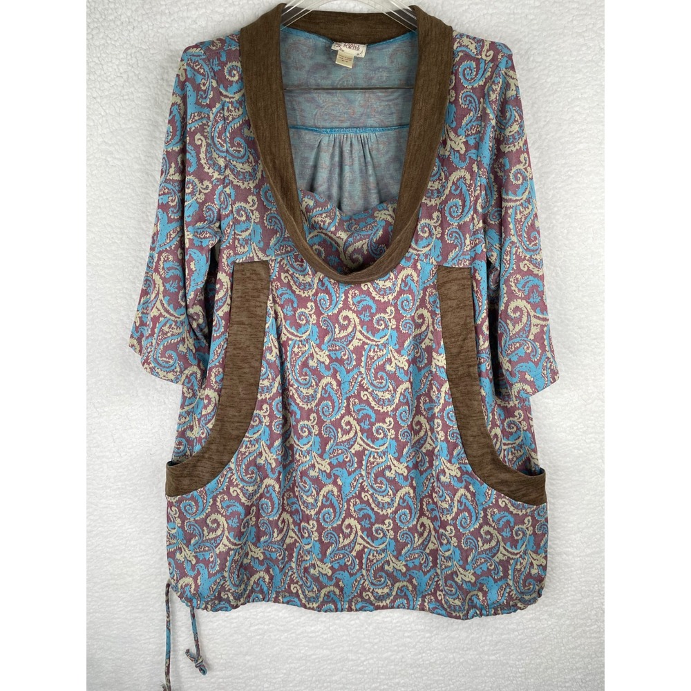 Tracy Porter Womens Paisley Cowl Neck Tunic Top Blue Brown Pockets Size 4-6
